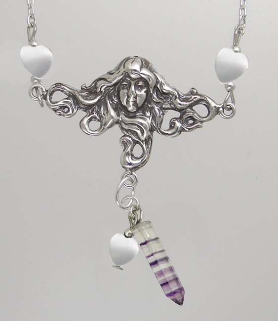 Sterling Silver Woman Maiden of the Gentle Heart Necklace With Fluorite And White MOP Heart